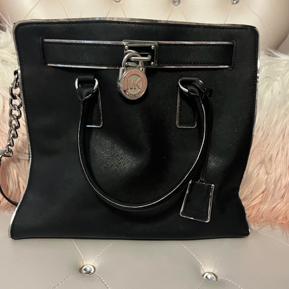 Michael Kors Hamilton Specchio Leather Black Silver Trim Handbag Tote - Picture 9 of 13